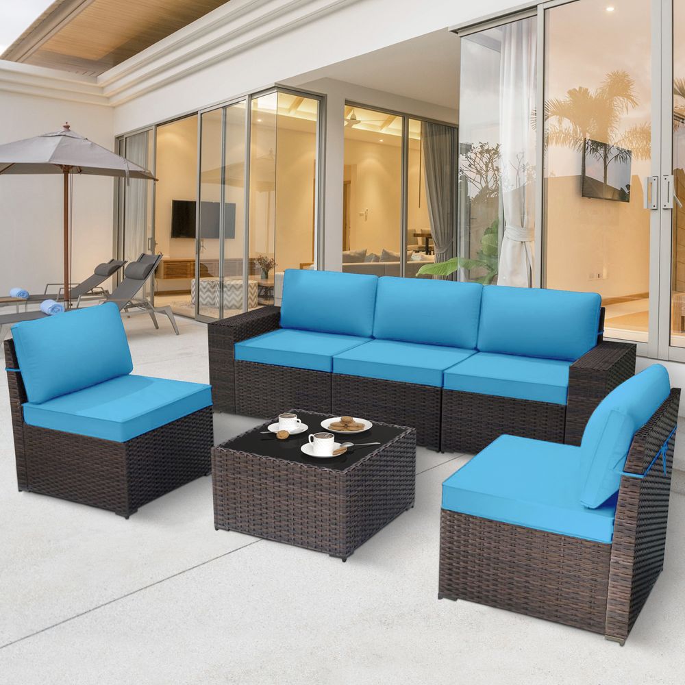 GOJOOASIS Blue 6PCS Set Wicker Outdoor Sectional Sofa