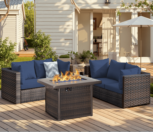 Gaildon 5 Piece Patio Furniture Set with Fire Pit Table, All Weather Outdoor Sectional PE Rattan, Patio Conversation Sets with Cushions and Glass Coff