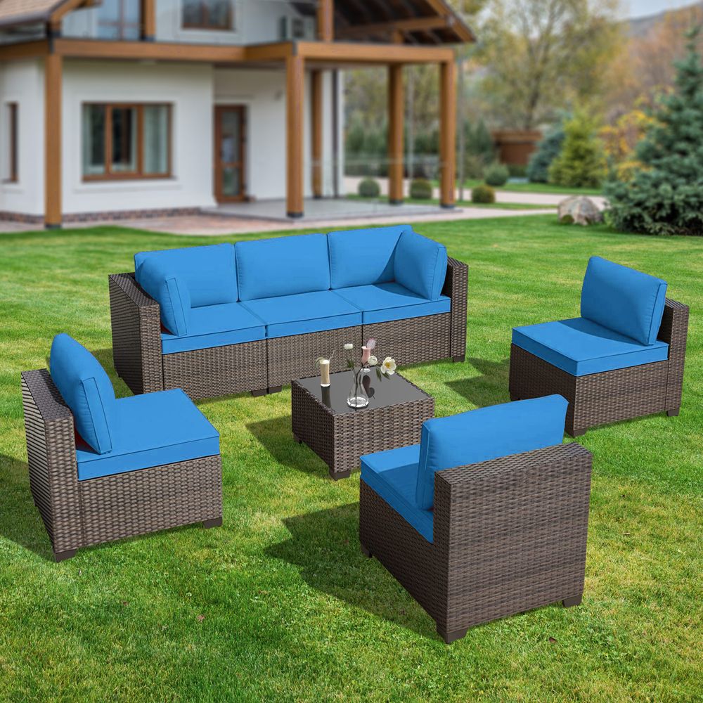 GOJOOASIS Blue 7PCS Set Wicker Outdoor Sectional Sofa