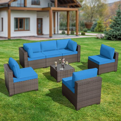 GOJOOASIS Blue 7PCS Set Wicker Outdoor Sectional Sofa