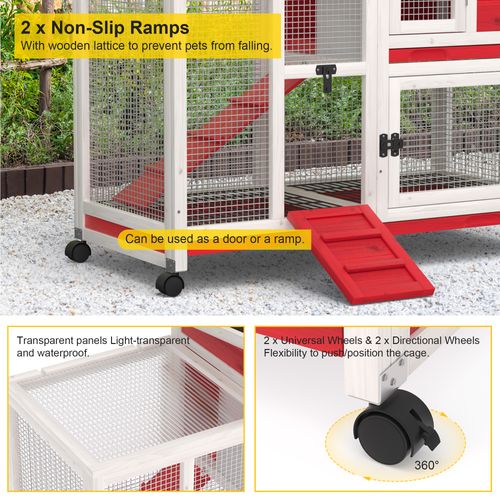GOJOOASIS Rabbit Hutch Indoor, Water Resistant Wood Chicken Coop Outdoor with 3 Removable Tray & Running Cage & Ramp & Wheels, Red & White
