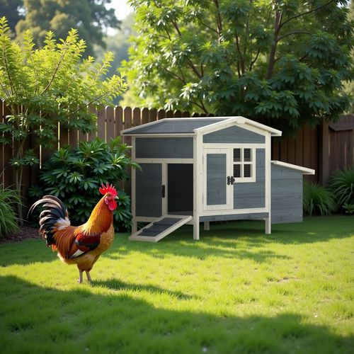 Phonjoroo Outdoor Wooden Chicken Coop Hen House Poultry Cage with Tray, Ramp & Nesting Box for Indoor and Outdoor Use, Gray