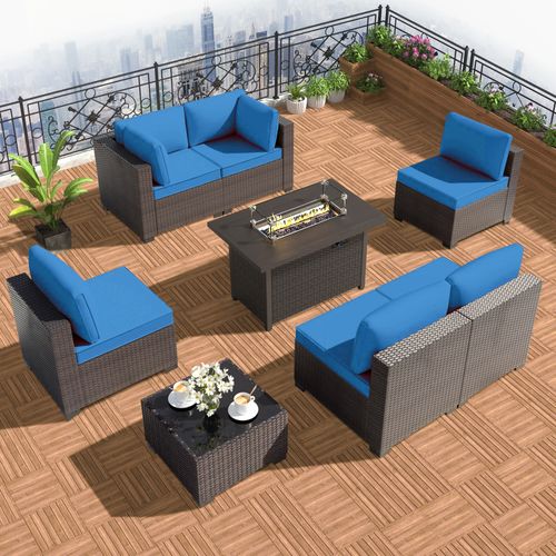 GOJOOASIS Blue 7PCS Outdoor Sectional Sofa With Fire Pit Dining Table
