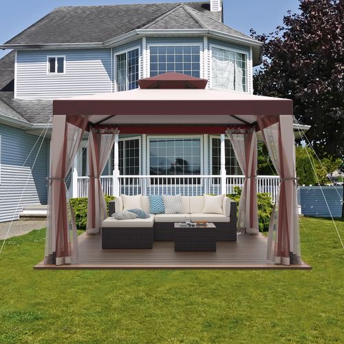 10'x10' Patio Gazebo Tent Outdoor Canopy Shelter w/ Mosquito Netting & 2-Tiered Vented Top for Garden, Backyard Deck And Lawns, Red