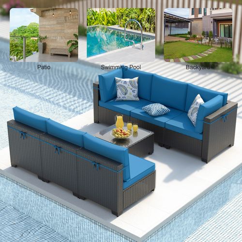 Phonjoroo Patio Furniture Set 7 Pieces Modular Outdoor Sectional Wicker Conversation Sets Patio Couch All Weather Sectional Patio Seating Sofas