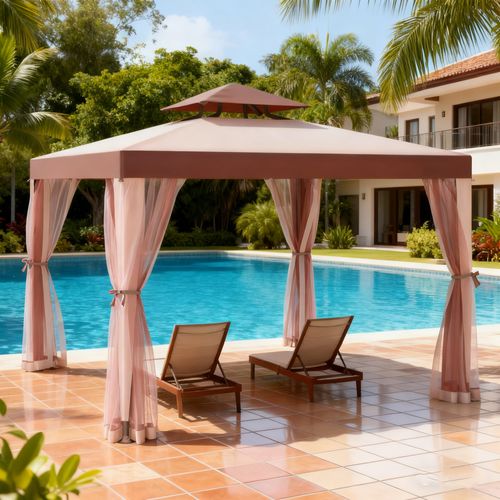 10'x10' Patio Gazebo, Outdoor Canopy Tent with Mosquito Netting & Waterproof Double-Tier Top, Party Shelter for Garden, Backyard, Wedding, BBQ