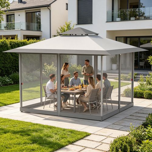 10 x 10 Pop Up Canopy Tent with Nettings, Folding Screen Tent with Double Roof Vents, 3-Height Adjustable Outdoor Canopy, Gray