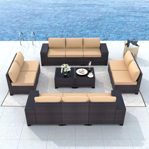 Phonjoro 12 Pieces Outdoor Patio Furniture Set Rattan Patio Sectional Sofa Conversation Set and Coffee Table for Garden, Backyard