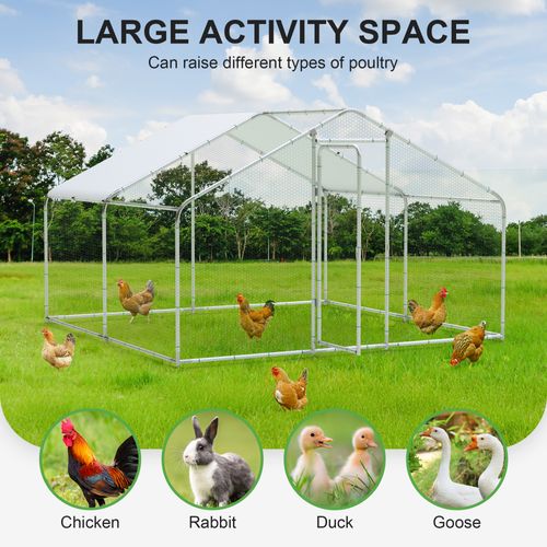 Phonjoroo Large Chicken Coop Run Walk-in Metal Poultry Cage Outdoor Backyard Hen House with Roof Cover (10'L x 10'W x 6.6'H)