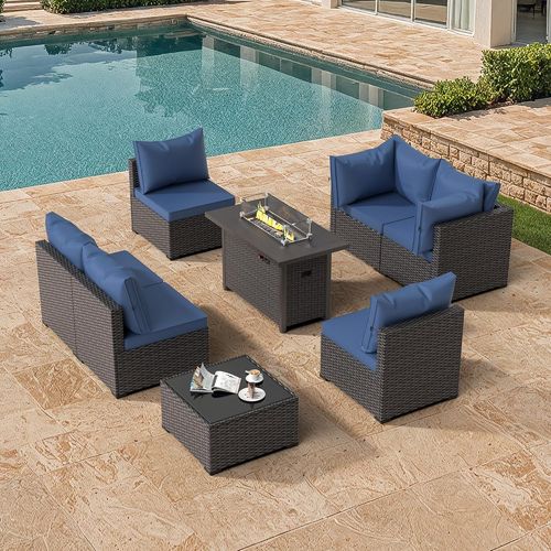 Gojooasis 8 Piece Patio Furniture Set with 42" Propane Gas Fire Pit Table with Coffee Table,Blue
