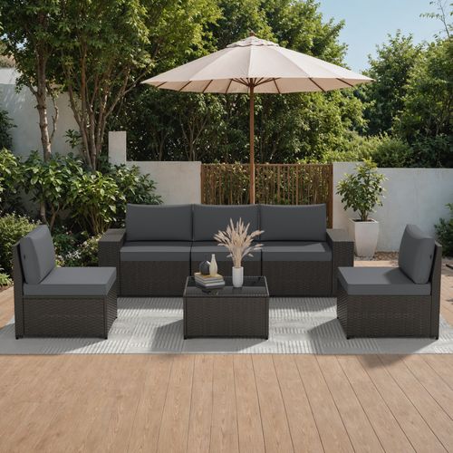 Phonjoroo 6 Pieces Patio Furniture Set Outdoor Wicker Sectional Conversation Sofa All-Weather Rattan Couch Patio Seating with Cushion and Glass Table