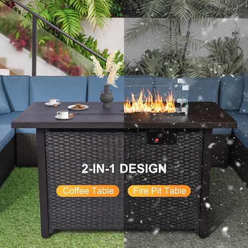 Phonjoroo Outdoor Fire Pit Table 42 Inch Patio Propane Fire Pit with Tempered Glass Wind Guard & Cover Wicker Rattan 50,000 BTU Auto-Ignition Gas Pit