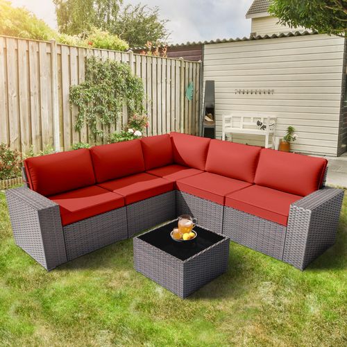 GOJOOASIS Wine Red 6PCS Set Wicker Outdoor Sectional Sofa