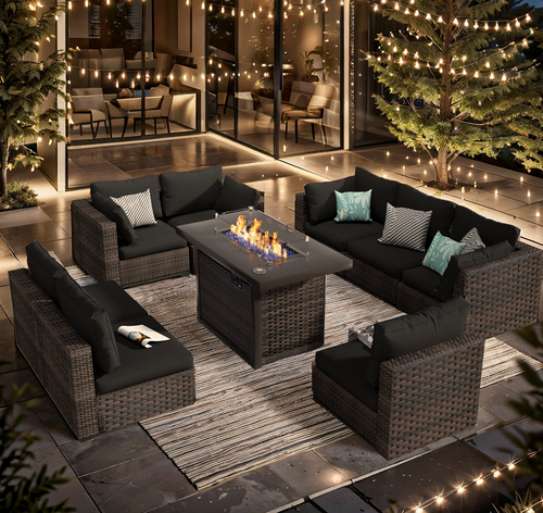 Grezone 9 Pieces Outdoor Patio Furniture with 43" 55000BTU Gas Propane Fire Pit Table PE Wicker Rattan Sectional Sofa Patio Conversation Sets