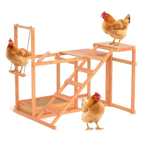 GOJOOASIS Chicken Activity Play, Wooden Bird Perches with Swing Toy, Ladder, Platforms, Food Storage Outdoor Poultry