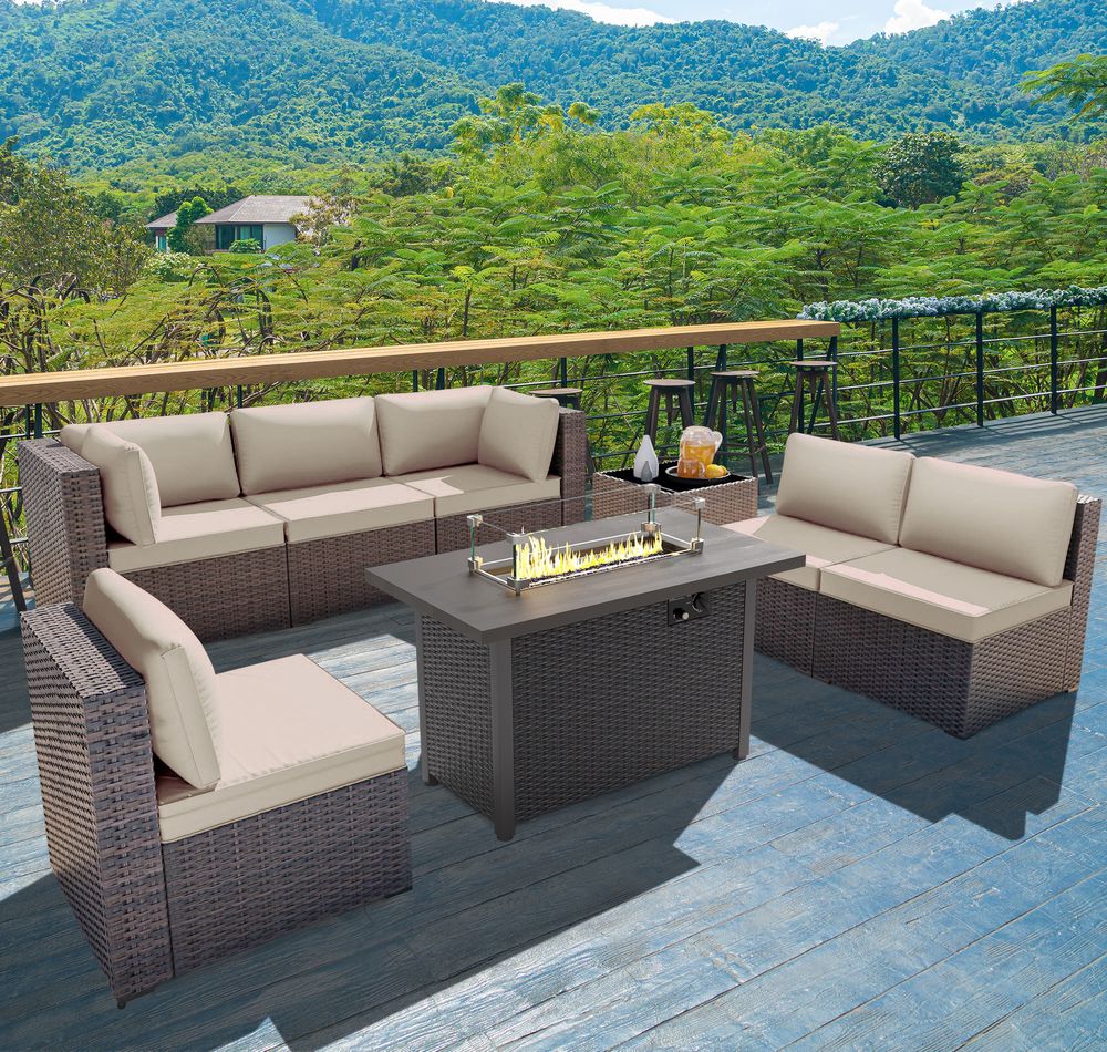 GOJOOASIS Beige 7PCS Set Wicker Outdoor Sectional Sofa With Fire Pit Dining Table