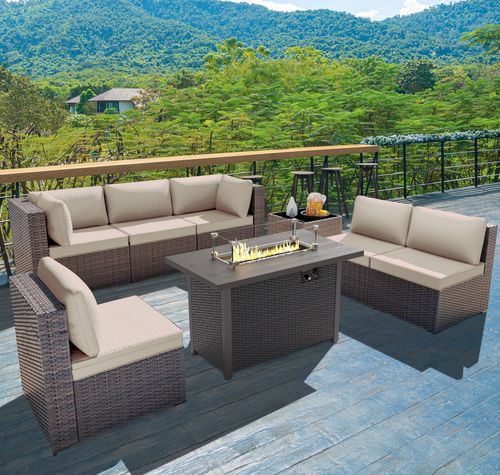 GOJOOASIS Beige 7PCS Set Wicker Outdoor Sectional Sofa With Fire Pit Dining Table