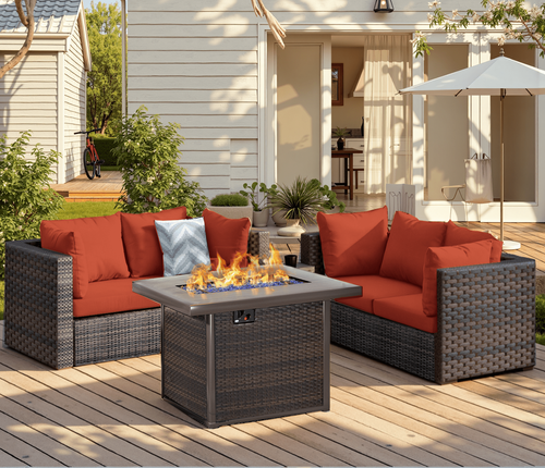 Gaildon 5 Piece Patio Furniture Set with Fire Pit Table, All Weather Outdoor Sectional PE Rattan, Patio Conversation Sets with Cushions and Glass Coff