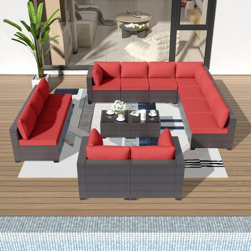 GOJOOASIS Wine Red 14PCS Set Wicker Outdoor Sectional Sofa