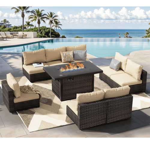Gaildon 9 Piece Patio Furniture Set with Fire Pit Table, All Weather Outdoor Sectional PE Rattan, Patio Conversation Sets with Cushions for Garden Law