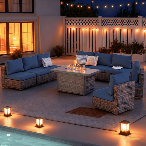 Gaildon 9 Piece Patio Furniture Set with Fire Pit Table, All Weather Outdoor Sectional PE Rattan, Patio Conversation Sets with Cushions and Glass Coff