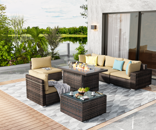 TANGJEAER Patio Furniture Sets 7 Pieces Patio Sectional Outdoor Furniture Patio Sofa Chairs Set , Fire Pit Table, Beige