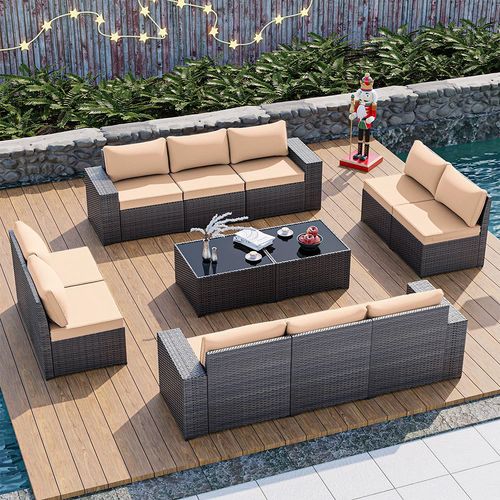 Phonjoro 12 Pieces Outdoor Patio Furniture Set Rattan Patio Sectional Sofa Conversation Set and Coffee Table for Garden, Backyard