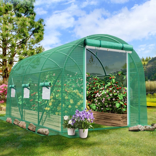 Greenhouse with Watering System, Large Walk-in Greenhouse Reinforced Metal Frame, 6 Screen Windows and 1 Door, Green House Irrigation Watering Kit for