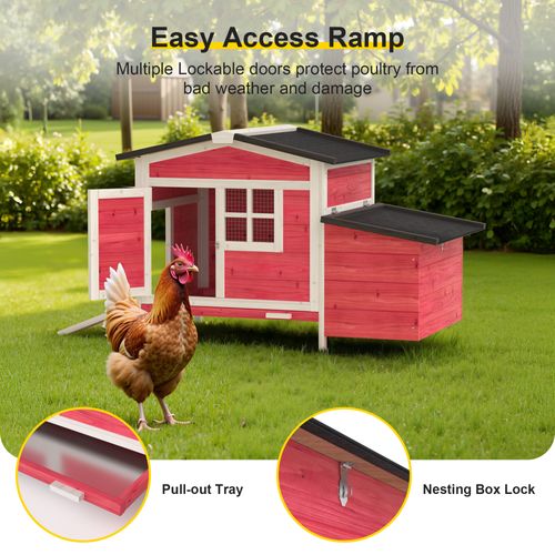 Outdoor Chicken Coop Poultry Cage Wooden Hen House w/ Nesting Box, Ramp & Tray Rabbit Hutch for Outdoor Indoor Use