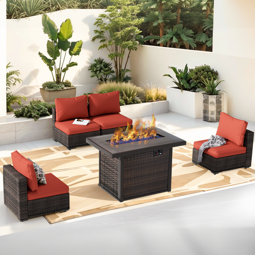 Grezone 5 PCS Outdoor Patio Furniture Set with Fire Pit Table, Wicker Patio Conversation Set, Red