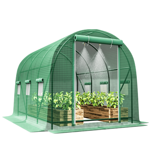 Greenhouse with Watering System, Large Walk-in Greenhouse Reinforced Metal Frame, 6 Screen Windows and 1 Door, Green House Irrigation Watering Kit for