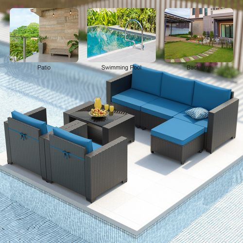 Phonjoroo Outdoor Patio Furniture Sets 7 Pieces All-Weather Wicker Sectional Conversation Set Rattan Patio Seating Sofa with Cushion