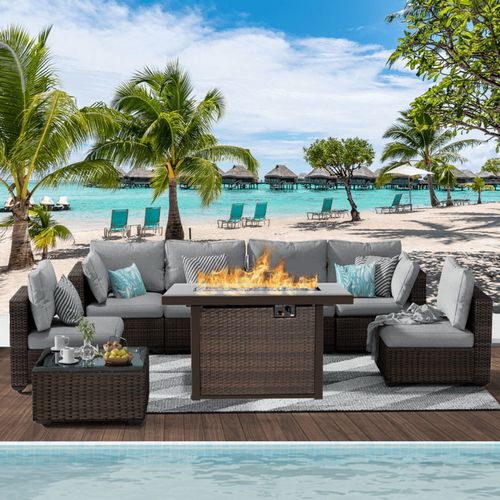 Gaildon 8 Piece Patio Furniture Set with Fire Pit Table, All Weather Outdoor Sectional PE Rattan, Patio Conversation Sets with Cushions and Glass Coff