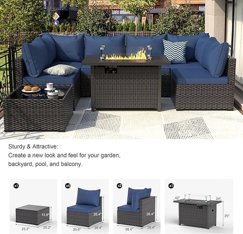 Gojooasis 8 Piece Patio Furniture Set with 42" Propane Gas Fire Pit Table with Coffee Table,Blue