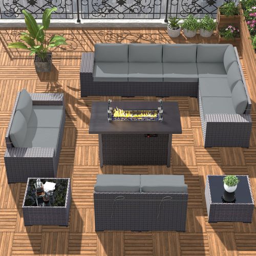 GOJOOASIS Grey 12PCS Set Wicker Outdoor Sectional Sofa With Fire Pit Dining Table