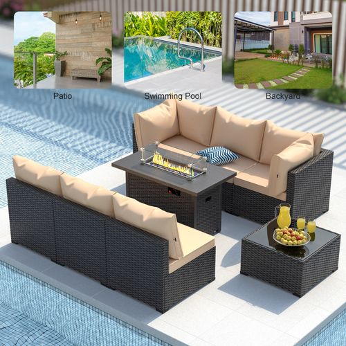 Phonjoroo Outdoor Patio Furniture Set with Fire Pit Table, 8 Pieces Wicker Patio Sectional Furniture, Patio Conversation Couch Seating & 42" Fire Pit