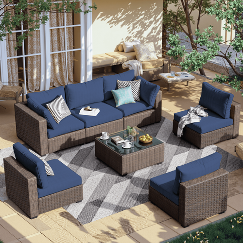 Gaildon 7 Patio Outdoor Furniture Wicker Sectional Sofa Couch Lawn Sectional Black Glass Table, Blue
