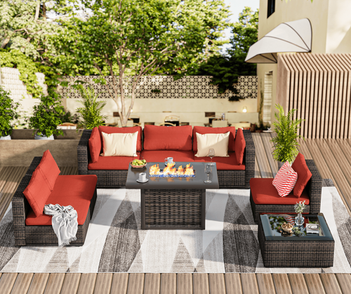 Greone Outdoor Garden 8 Piece Patio Furniture Rattan Wicker Sectional Set, Red