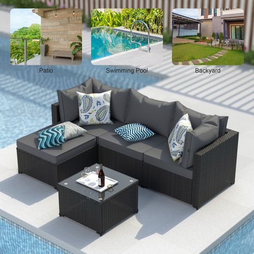 Phonjoroo 5pcs Patio Furniture Sets All Weather Outdoor Sectional Sofa Manual Weaving Wicker Rattan Outdoor Conversation Set with With Cushion