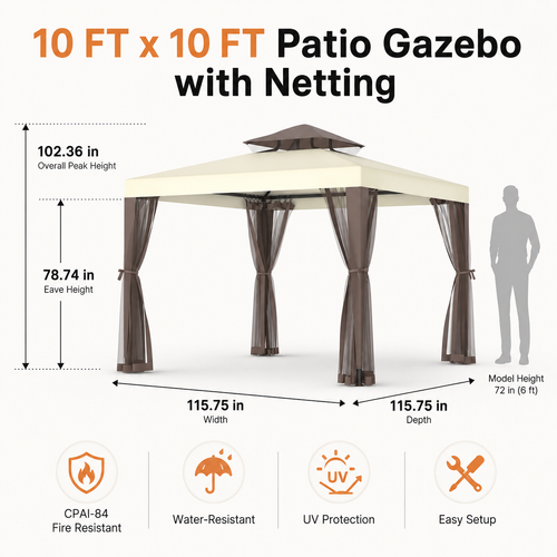 10 x 10 ft Outdoor Gazebo Tent with Mosquito Netting, Double Roof Canopy Backyard Patio Shelter, Khaki