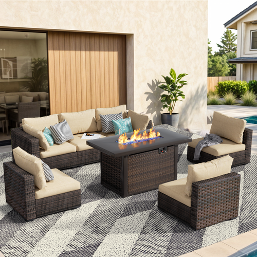 Grezone 11 PCS Outdoor Patio Furniture Set with Fire Pit Table, Wicker Patio Conversation Set, Black