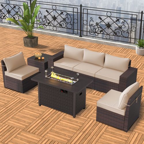 GOJOOASIS Beige 6PCS Set Wicker Outdoor Sectional Sofa With Fire Pit Dining Table