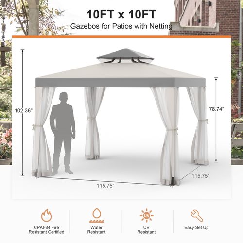 10'x10' Patio Gazebo Tent Outdoor Canopy Shelter w/ Mosquito Netting & 2-Tiered Vented Top for Garden, Backyard Deck And Lawns, Gray