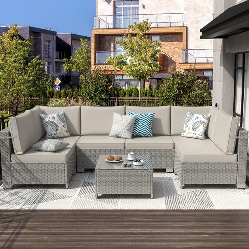 Phonjoroo Patio Furniture Set 7 Pieces Modular Outdoor Sectional Wicker Conversation Sets Patio Couch All Weather Sectional Patio Seating Sofas