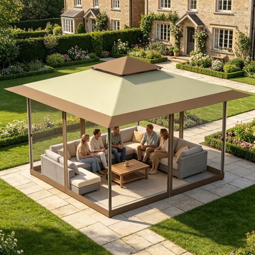 10 x 10 Pop Up Canopy Tent with Nettings, Folding Screen Tent with Double Roof Vents, 3-Height Adjustable Outdoor Canopy, Khaki