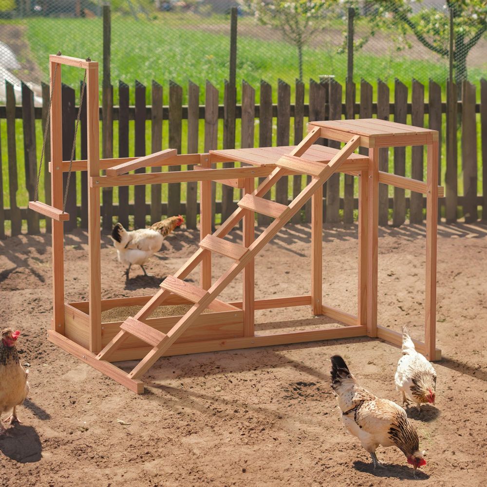 Chicken Activity Play with Swing Toy Set for 3-4 Birds, Wooden Chicken Coops Accessory with Multiple Perches & Ladder & Feeder