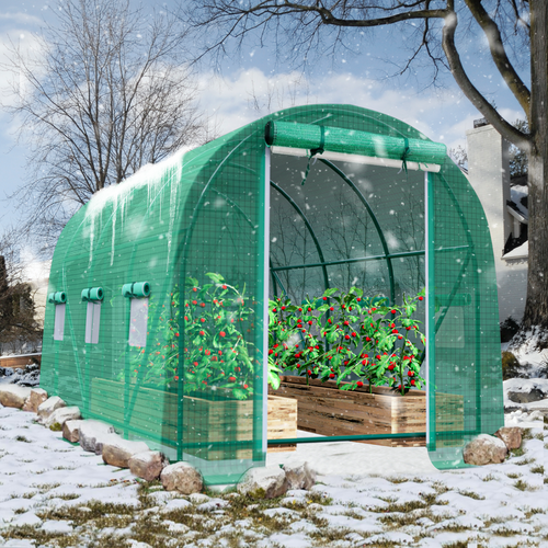 TANGJEAMER Greenhouse with Watering System, 10x7x7 Outdoor Greenhouse with 6 Mesh Windows and 1 Door, Easy Water and Irrigate Plants Green House