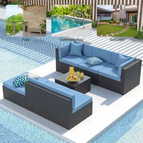 Gojooasis 7 PCS Patio Furniture Set PE Wicker Outdoor Sectional Sofa Set w/Cushions Rattan Sofa Set