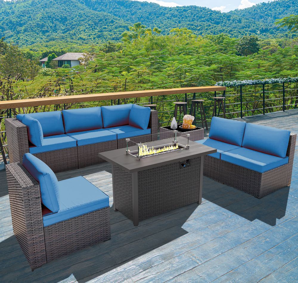GOJOOASIS Blue 7PCS Outdoor Sectional Sofa With Fire Pit Dining Table