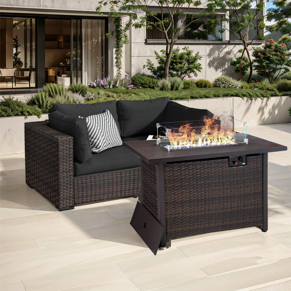 TANGJEAMER 3 Piece Patio Furniture Set with Fire Pit Table, All Weather Outdoor Sectional PE Rattan,Black
